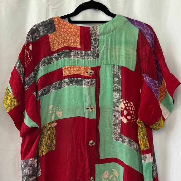 Citron Red Multicolor Patchwork Pattern Short Sleeve Tunic Sz L - Picture 7 of 11